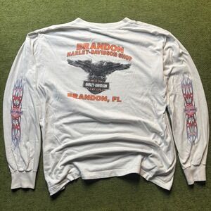 Harley-Davidson Flame Y2K Grunge Eagle Long Sleeve Hit Shirt 2XL White Tee